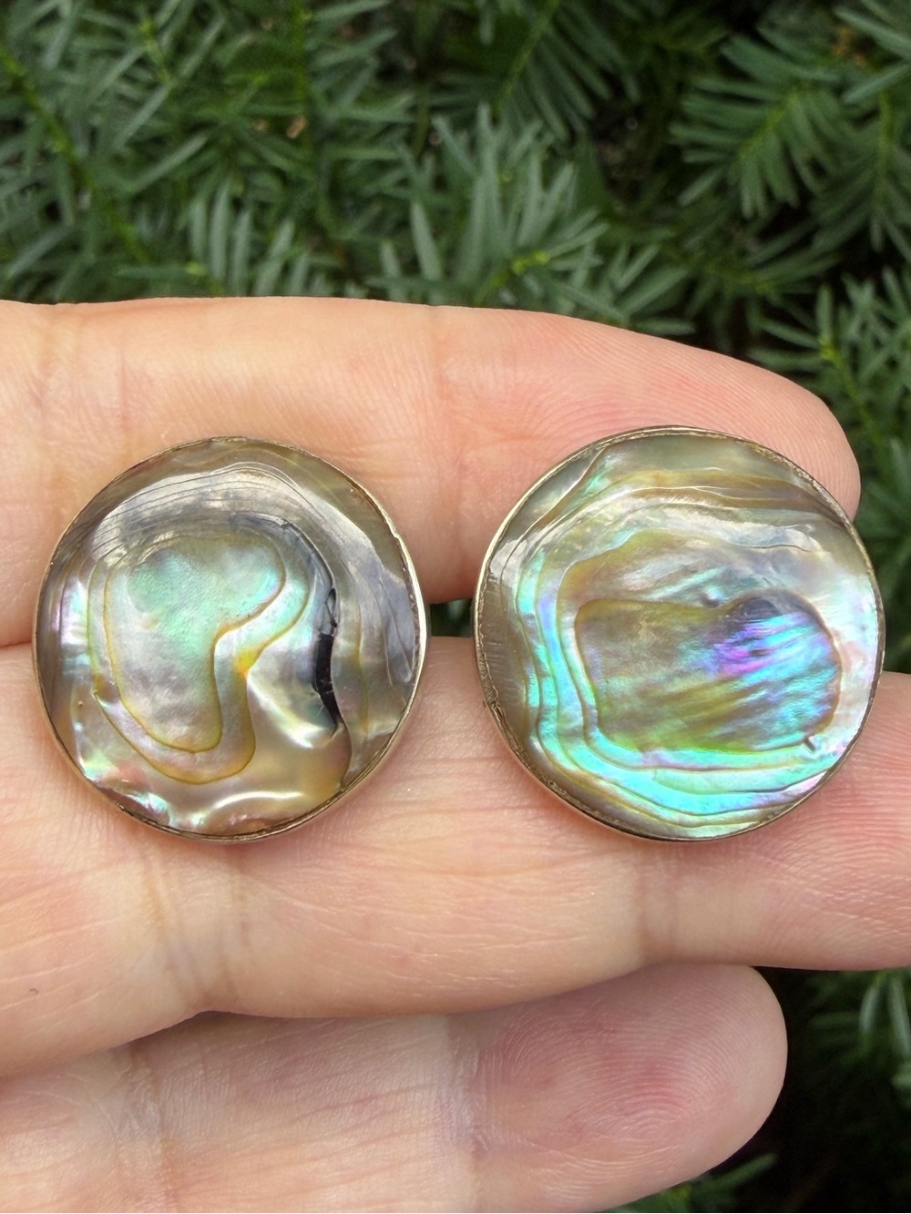 VINTAGE ABALONE MOTHER OF PEARL LARGE ROUND CUFFLINKS STERLING SILVER